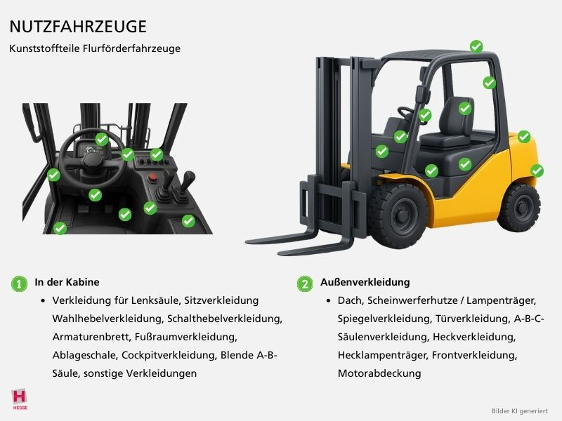 KI-generierte Illustration eines Flurfoerderfahrzeugs mit Kunststoffteilen, die hierfuer hergestellt werden koennen