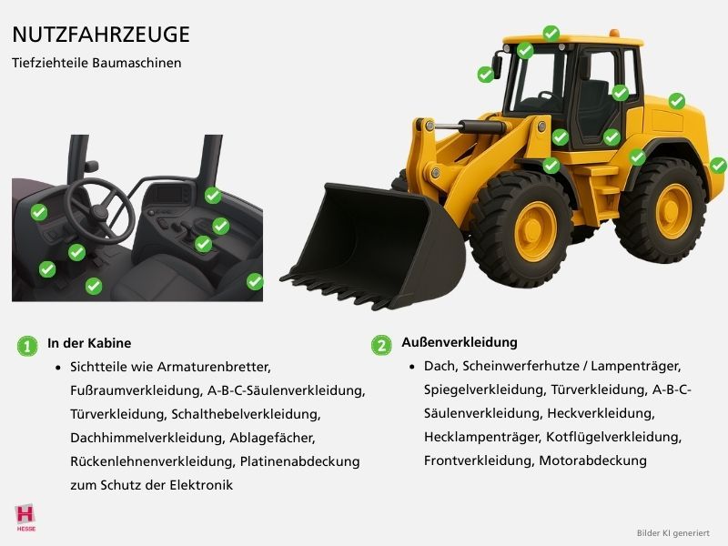 KI-generierte Illustration von innen und aussen von Tiefziehteilen die fuer Baumaschinen hergestellt werden koennen
