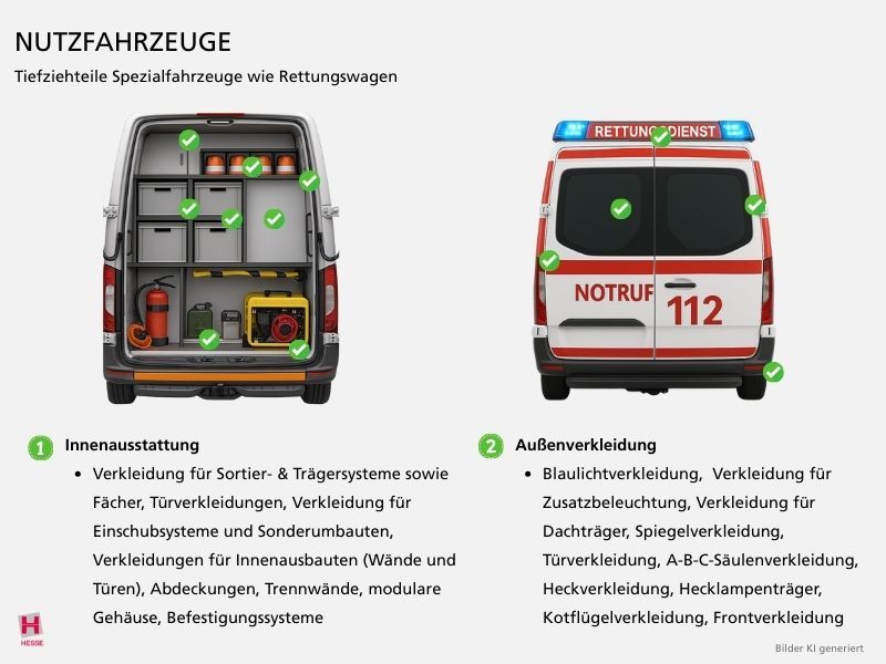 KI-generierte Illustration von Tiefziehteilen, die fuer Spezialfahrzeuge wie Rettungswagen hergestellt werden koennen