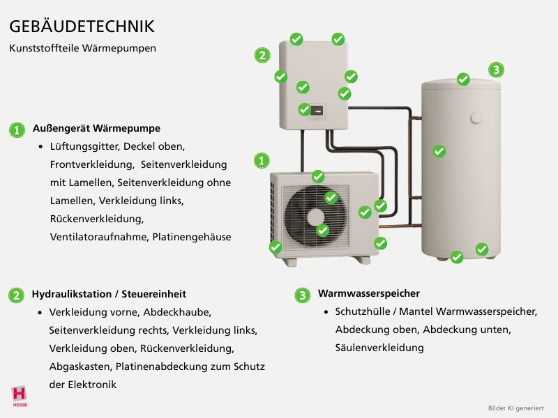 KI-generierte Illustration einer Waermepumpe mit Kunststoffteilen die hierfuer hergestellt werden koennen