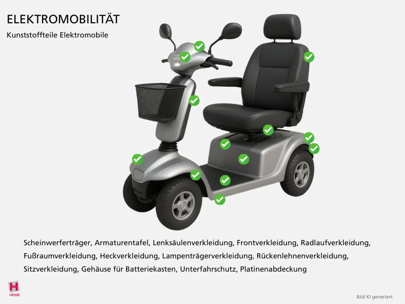 KI-generierte Illustration eines Elektromobils mit Kunststoffteilen die hierfuer hergestellt werden koennen
