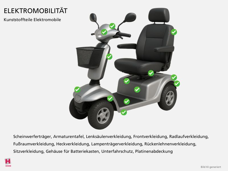 KI-generierte Illustration eines Elektromobils mit Kunststoffteilen die hierfuer hergestellt werden koennen