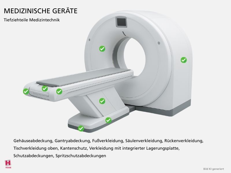KI-generierte Illustration von Tiefziehteilen, die fuer medizinische Geraete in der Medizintechnik hergestellt werden koennen