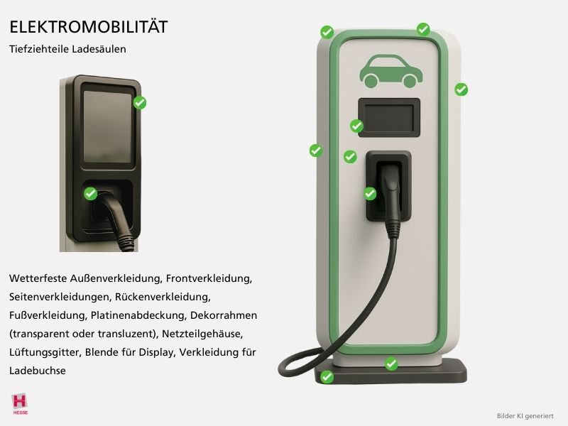 KI-generierte Illustration von Tiefziehteilen, die fuer Ladesaeulen hergestellt werden koennen