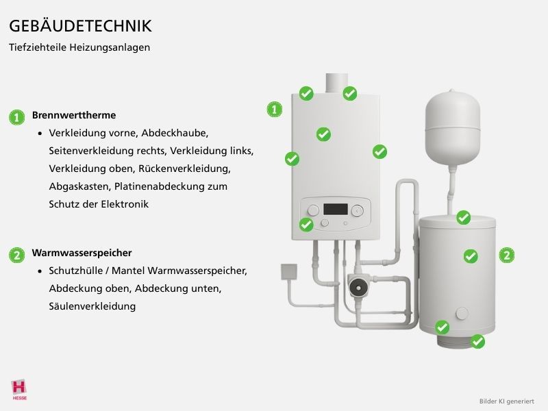 KI-generierte Illustration von moeglichen Tiefziehteilen, die fuer Heizungsanlagen hergestellt werden koennen