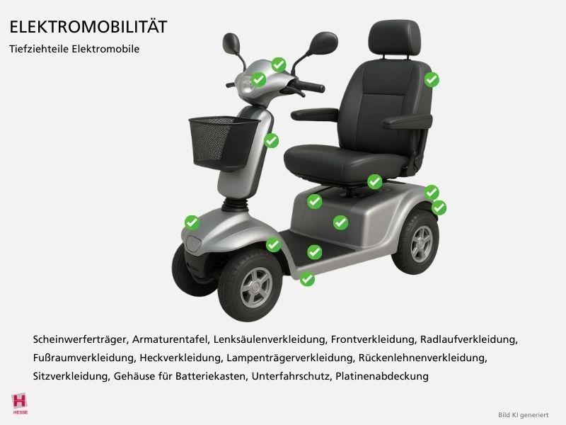 KI-generierte Illustration eines Elektromobils mit Tiefziehteilen die hierfuer hergestellt werden koennen