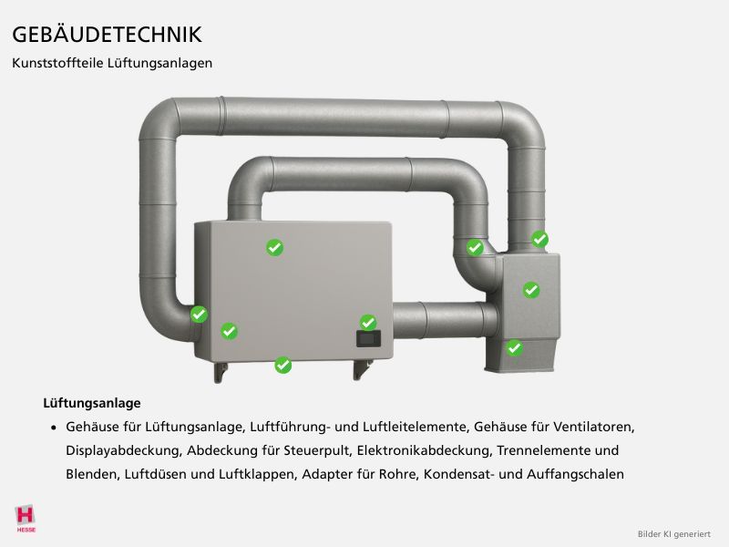 KI-generierte Illustration einer Lueftungsanlage mit Kunststoffteilen die hierfuer hergestellt werden koennen