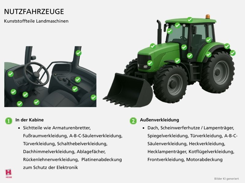 KI-generierte Illustration einer Landmaschine mit Kunststoffteilen die hierfuer hergestellt werden koennen
