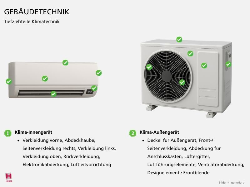 KI-generierte Illustration von Tiefziehteilen, die fuer Klimatechnik hergestellt werden koennen