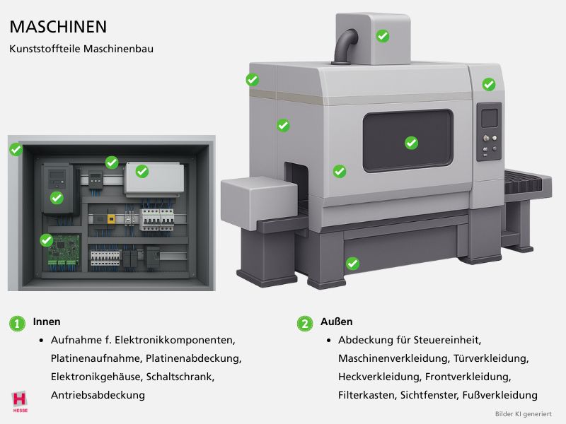 KI-generierte Illustration einer Maschine mit Kunststoffteilen die fuer Maschinen hergestellt werden koennen